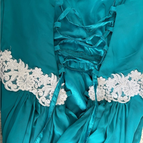 Chiffon Teal High Low Strapless Formal Dress with White Lace Belt - Picture 4 of 4